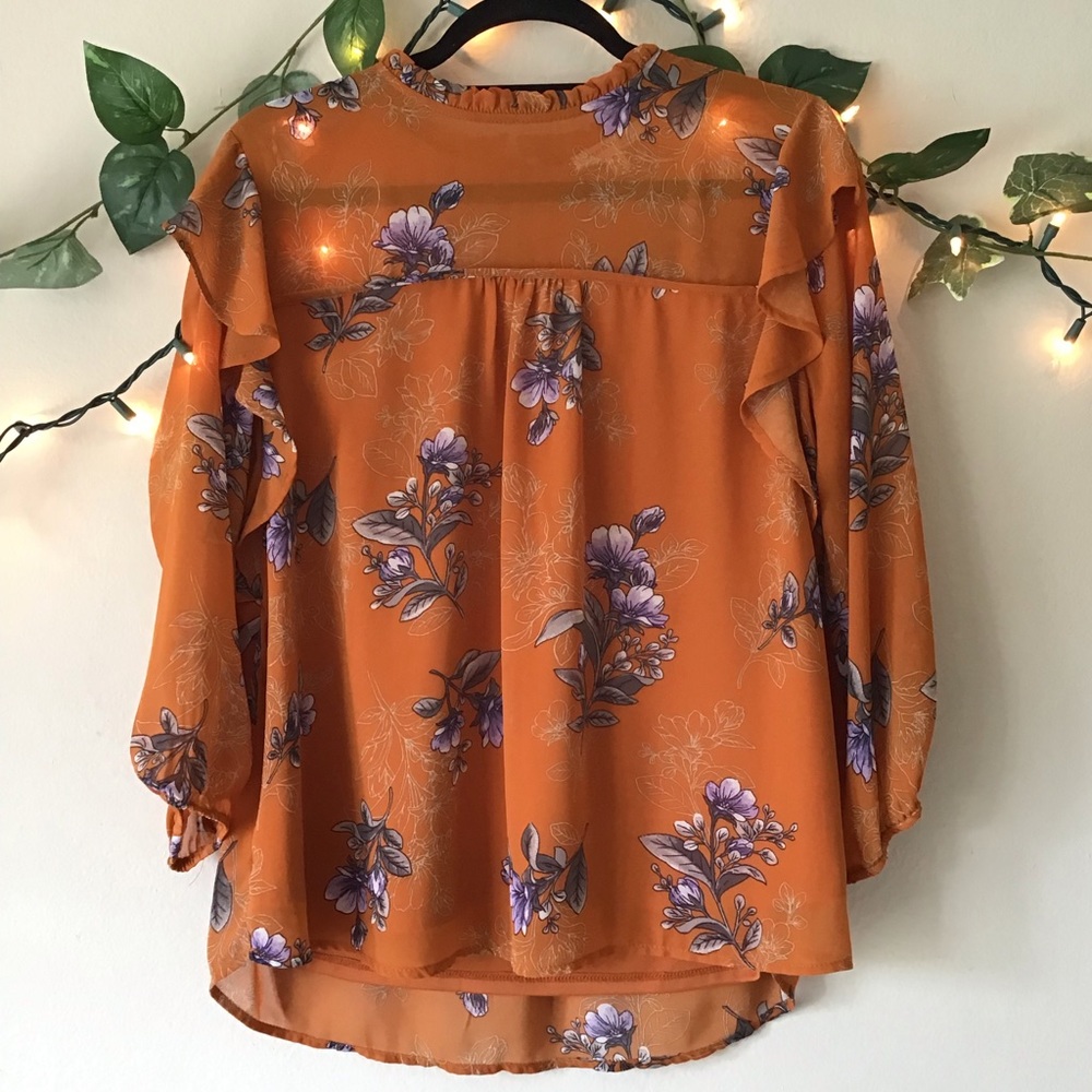 Orange Floral Ruffle Blouse
